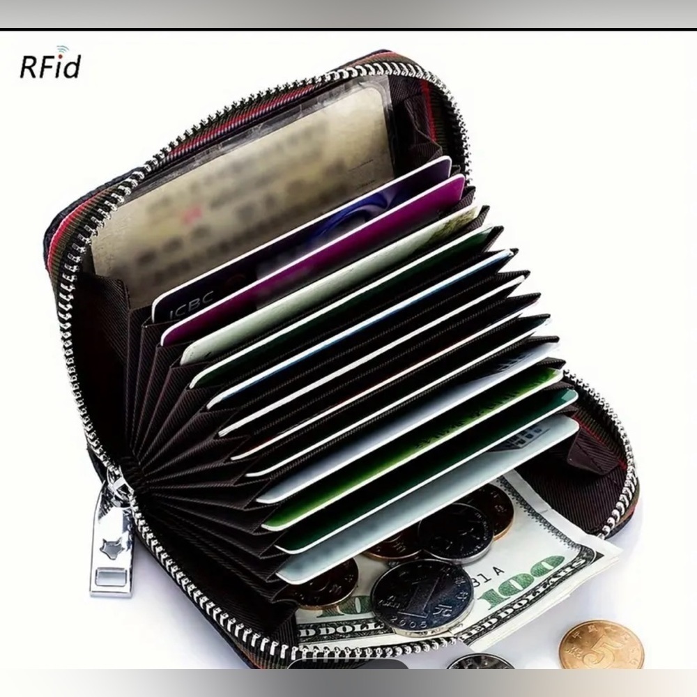 RFID Blocking Slim Card Case Wallet Genuine Leather Wine Red - Picture 5 of 7